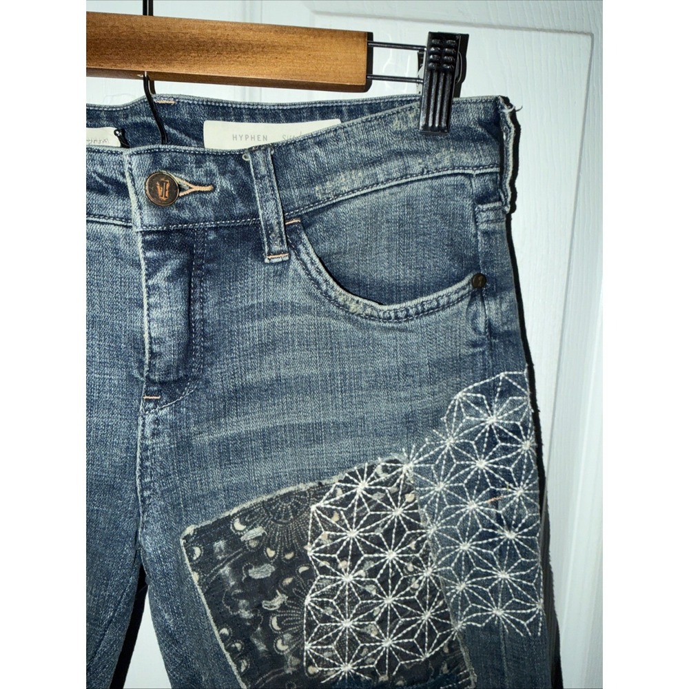 Pilcro Jeans Womens 26 Blue Boyfriend Crop Distressed Embroidered Patchwork Boho - Picture 3 of 8